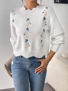 Calvaya 1pc Loose Fit Floral Embroidered Sweater With Lace Collar, Suitable For Autumn/Winter, Long Sleeve Top Knit Pullover Fall - White - View 4