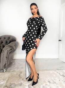 Zolique 女士露肩修身开衩波尔卡圆点印花优雅长裙 - 黑色 - 查看 6