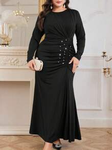 Modelyn Plus Size Solid Color Round Neck Long Sleeve Pleated Simple Short Casual Dress Long Evening Dresses