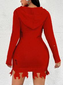 Flirla Plus Size Colorblock Geometric Pattern Ripped Fitted Hooded Sweater Dress, Casual For Autumn/Winter - Red - View 2