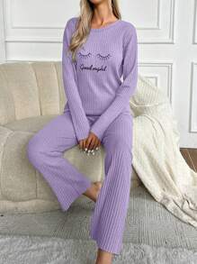 RueChic Letter Printed Ribbed Knit Lounge Wear Set - Lilac Purple - View 4