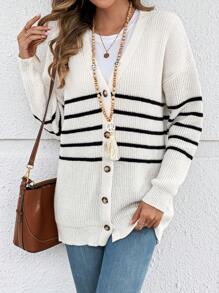 EMERY ROSE Women Casual Striped Button Front Dropped Shoulder Cardigan, Autumn/Winter - Black and White - View 3
