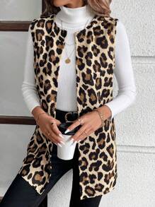 Easowa Sleeveless Vintage Leopard Print Knit Vest Cardigan For Women In Fall/Winter - Coffee Brown - View 4