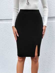 EMERY ROSE 女士简约纯色开衩铅笔裙 - 黑色 - 查看 1