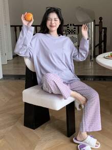 DAZY 纯色落肩T恤和格子印花长裤家居服套装，秋冬装，舒适休闲装 - 紫色 - 查看 6