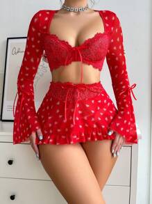 PetitDoll 3pcs Women's Sexy Lingerie Set (Front Hook Flare Sleeve Top, Thong, Mini Skirt) (Valentine's Day Collection) Bridallingerie - Red - View 3