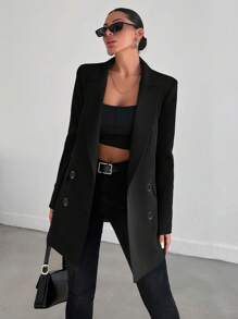 EURMUSE Lapel Neck Double Breasted Flap Detail Blazer - Black - View 6