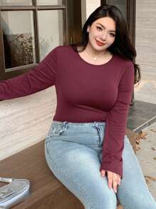 Dazy Plus Plus Size Solid Color Crew Neck Fitted Thermal Lined Long Sleeve T-Shirt Fall,Winter - Burgundy - View 6