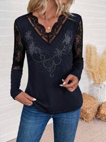 SHEIN Clasi 女式 V 领长袖黑色蕾丝边 T 恤，带水钻装饰，适合秋季 - 藏蓝色 - 查看 5