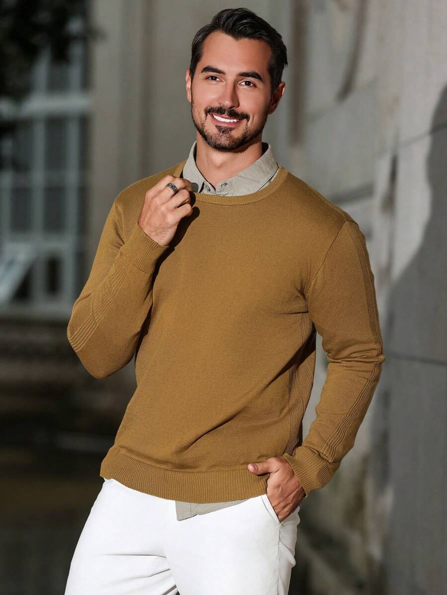 Manfinity Homme 男士纯色圆领长袖简约毛衣，休闲日常穿着 - 薑色 - 查看 1
