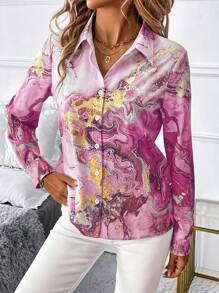 SHEIN Clasi Women's Elegant Commuter Marble Print Front Button Blouse For Autumn