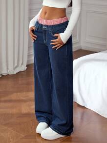 SHEIN EZwear Women's Casual Plaid Patchwork Elastic Waist Loose Wide-Leg Jeans - Blue - View 3