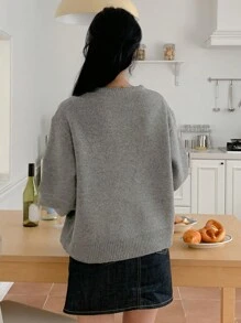 DAZY Pattern Jacquard Knitted Loose Round Neck Sweater For Women,Fall Women Clothes - Grey - View 2