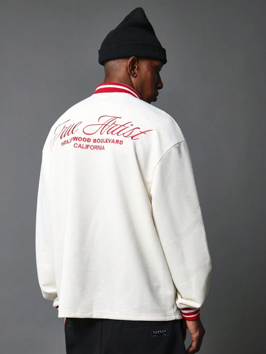 SUMWON Regular Fit Textured Half Zip Long Sleeve Polo Shirt With Embroidery - White - View 1
