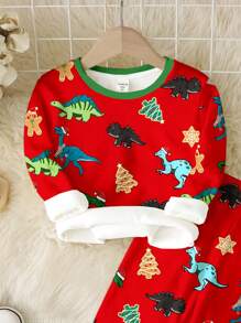 SHEIN Bộ đồ ngủ Giáng sinh cho bé trai, giản dị tối giản thoải mái vừa vặn dài tay cổ tròn và quần dài, phù hợp cho mùa thu/đông - Nhiều màu - Xem 3