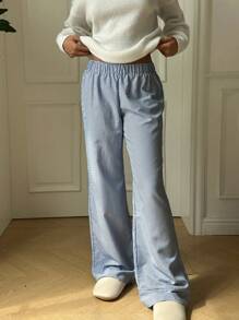 Aloruh Casual Vacation Blue Striped Low Waist Elastic Waist Maxi Pants For Women - Blue and White - View 3