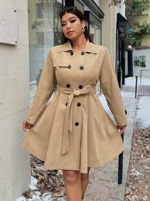 Calvaya 大码女式立领长袖收腰简约优雅办公室女士时尚风衣 - 卡其色 - 查看 5