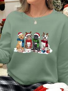 Chiquease 女式圣诞小狗图案印花休闲运动衫秋冬款 - 綠色 - 查看 3