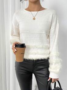 SHEIN LUNE Women Casual Solid Color Patchwork Fluffy Dropped Shoulder Loose Pullover Sweater