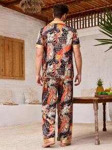 Manfinity Underwear&Sleepwear Basics 2pcs/Set Men Color Block Short Sleeve Casual Top And Long Pants Pajama Set - Multicolor - View 2