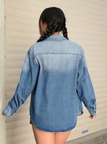 SHEIN EZwear Casual Washed Flap Pocket Denim Shirt, Autumn