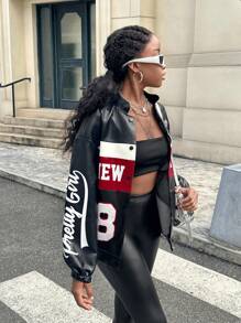 SHEIN Leap Crew Áo khoác da in chữ màu đen trắng đỏ cho bé gái tuổi teen phong cách đường phố giản dị thời trang đa năng - Nhiều màu - Xem 3