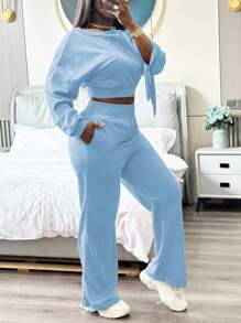 SHEIN Slayr Bộ 2 quần dài tay cánh dơi cổ tròn màu trơn đơn giản cho nữ và quần cạp rút dây, mùa thu - Màu xanh lam - Xem 5