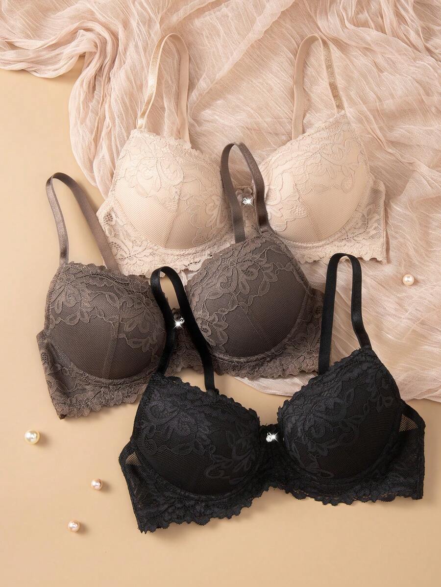 3pcs Lace Women's Underwire Bra Set - Multicolor - View 1