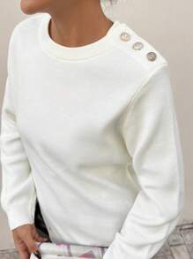 EURMUSE 1 件女士休闲日常侧扣不对称下摆毛衣，秋冬 - 杏色 - 查看 6