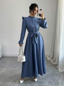 Elenzga 女士纯色荷叶边前襟纽扣长袖休闲长款收腰连衣裙，及地长裙，女装 - 藍色 - 查看 3