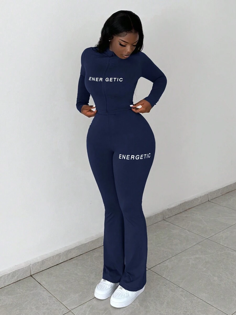 Slaydiva 2pcs Casual Basic High-Stretch Fitted Long Sleeve Zip-Up Letter Print Shirt & Pants Set For Women - Navy Blue - View 1