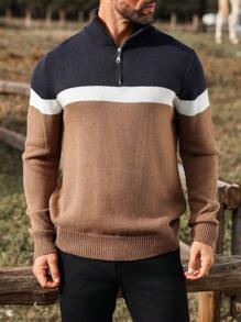 Manfinity Homme Jersey casual con cierre de cremallera delantero, manga larga, bloque de color y gráfico de rayas para hombre, para golf, esposo