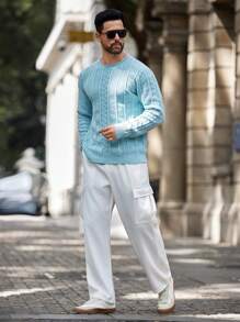 Manfinity Homme Men's Casual Loose Fit Solid Plain Cable Knit Crew Neck Long Sleeve Sweater, Autumn/Winter