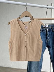 Franclia 大码女式休闲纯色 V 领纽扣装饰罗纹针织毛衣背心，适合冬季 - 杏色 - 查看 1