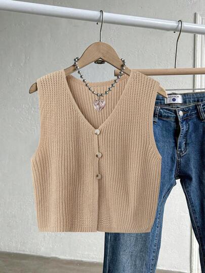 Franclia Plus Size Women Casual Solid Color V-Neck Button Decorated Ribbed Knit Sweater Vest, For Winter Fall