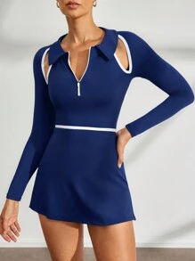 Activina Women's Navy Color Block Trim Hollow Long Sleeve Sports Dress Set For Daily Wear & Tennis Dress