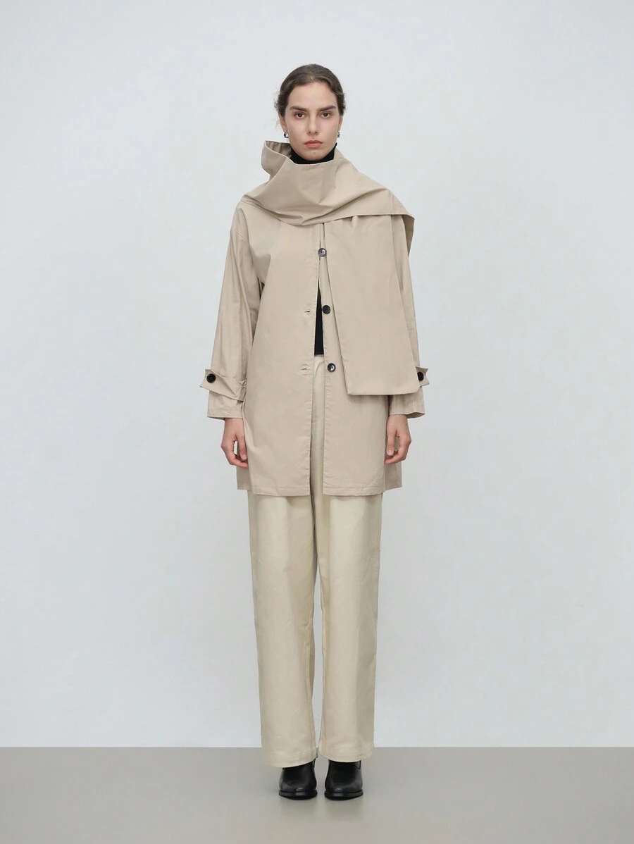 SHEIN LUNE 女士优雅时尚商务休闲长袖翻领围巾领纯色夹克 - 駝色 - 查看 1