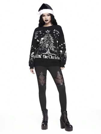 Goth Dark Christmas Dancing Skulls Intarsia Oversized Pullover Sweater