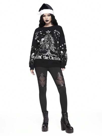 Goth Dark Christmas Dancing Skulls Intarsia Oversized Pullover Sweater