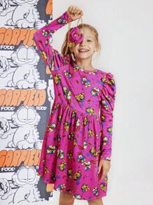 GARFIELD | SHEIN 少女卡通印花粉色公主风甜美可爱连衣裙搭配斜挎包 - 玫紅色 - 查看 5