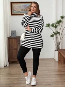 SHEIN LUNE 2pcs Plus Size Women Striped Turtleneck Long Sleeve Split Top And Solid Color Leggings Casual Set,White Autumn Basic Everyday Winter Holiday Outfit - Black and White - View 6