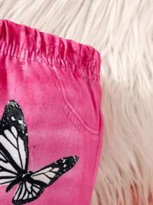 2pcs/Set Baby Girls Fashion Butterfly Print Denim Effect Long Pants Casual Leggings, Warm Winter Outfit