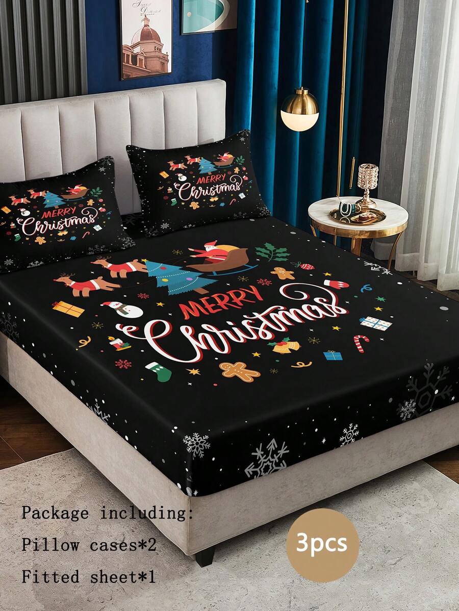 3 件套圣诞快乐数码印花羽绒被套，适合圣诞节假期，适用于卧室场景、家居装饰 - 彩色 - 查看 1