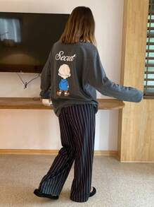 DAZY Cartoon Print Pattern Loose Shirt & Striped Pajama Pants 2pcs Sleepwear Set - Dark Grey - View 2