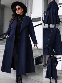 SHEIN LUNE Plus Size Women Elegant Solid Color Big Lapel Button Belted Long Overcoat For Autumn/Winter