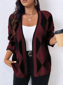 SHEIN LUNE Plus Size Women Rhombic Pattern Drop Shoulder Long Sleeve Pocket Casual Cardigan, Fall/Winter - Multicolor - View 1