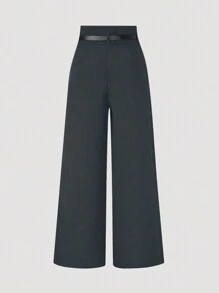 SHEIN Clasi Quần ống rộng cạp cao xếp ly màu trơn cho nữ có thắt lưng - Xám - Xem 2