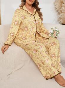 Floral Print Contrast Color Trim Knit Long Sleeve Plus Size Pajama Set - Multicolor - View 1