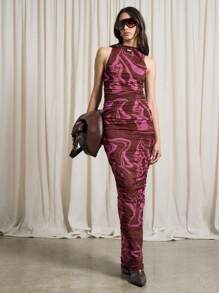 AiiRZ Vestido largo sin mangas con estampado de mármol abstracto y plisado - Multicolor - Ver 5