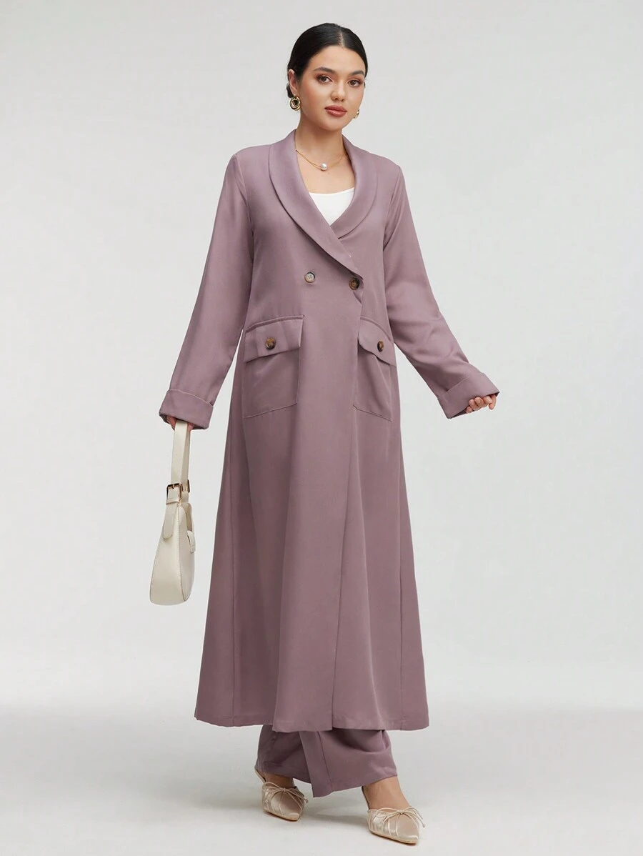 Graceveil Conjunto de dos piezas de abrigo largo de doble botonadura con cuello de chal y pantalones de unicolor, ropa modesta de otoño para mujeres - Morado - Ver 1